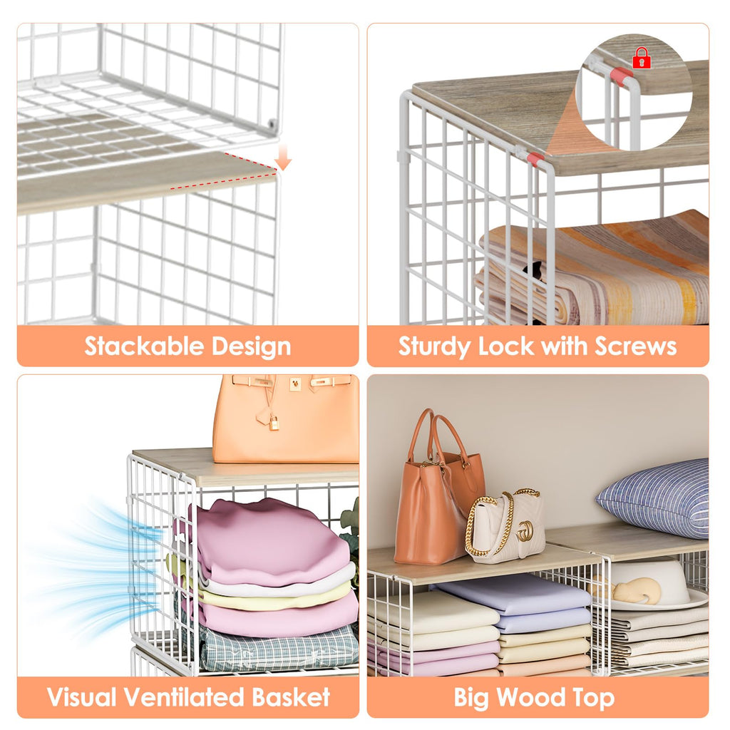 6 Pack Stackable Storage Closet Shelf Organizer Metal White