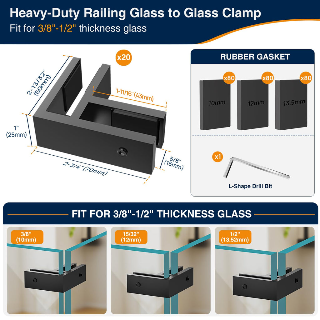 20 Pack Corner Railing Glass to Glass Clamps, Double Side Glass Clip