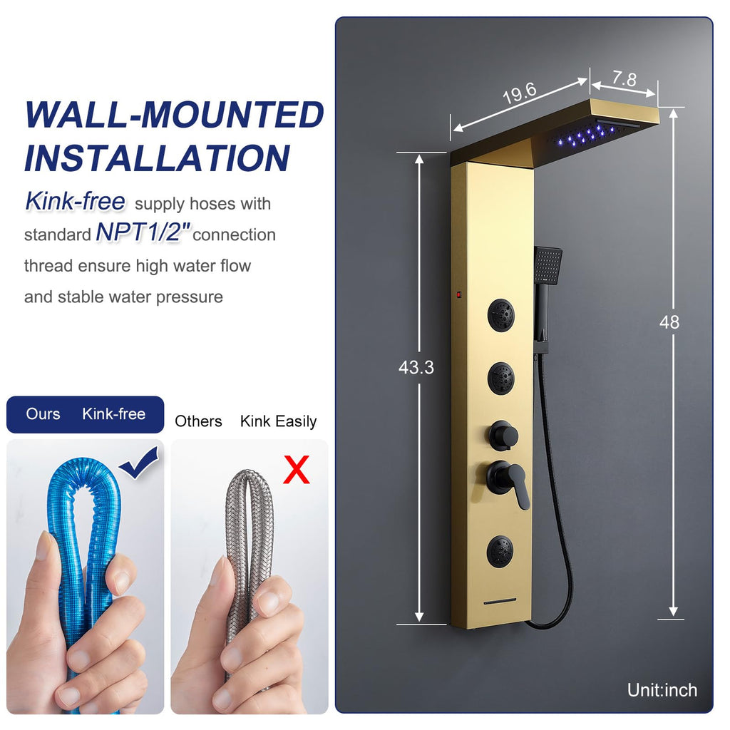 6 in 1 LED Rainfall Waterfall Shower Panel Tower System Brushed Gold