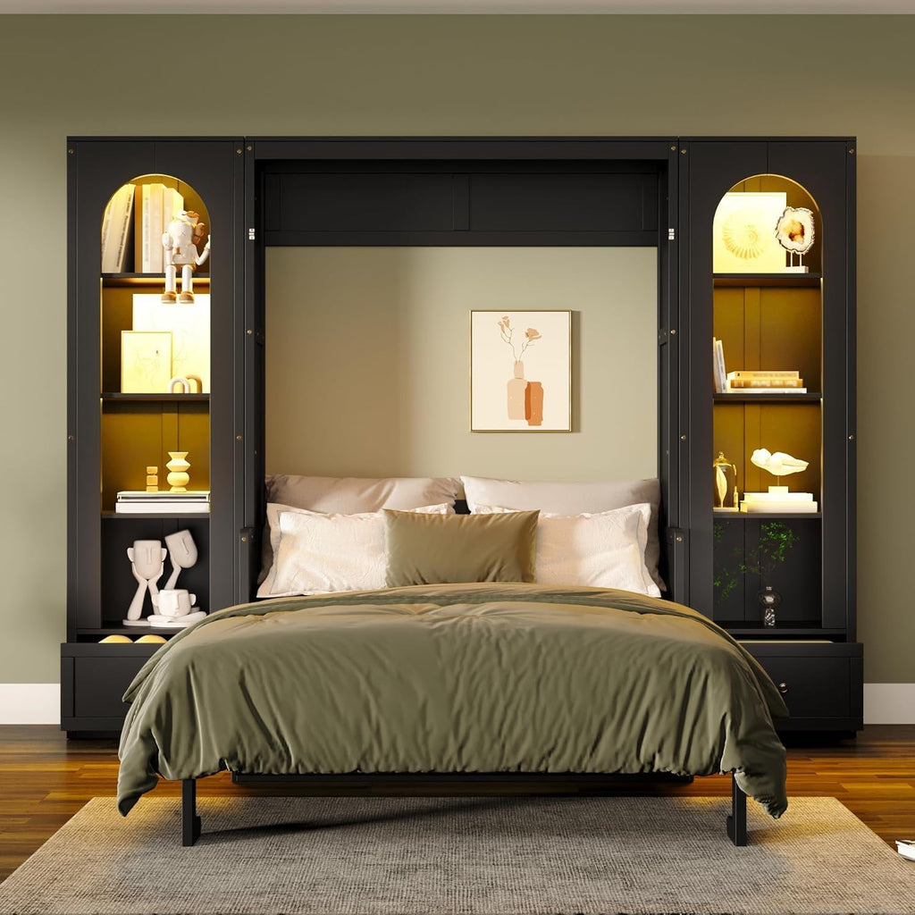 Queen Murphy Bed with Desk and Storage Bookcase & LED Light, Solid Wood Murphy Wall Bed with Storage Shelves and
