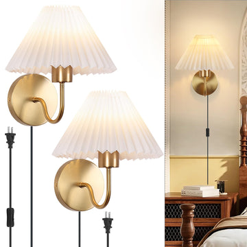 Wall Sconces Sets of 2, Golden Plug in Wall Sconces with Switch for Dresser, Classic Cord Wall Lamp Living Room