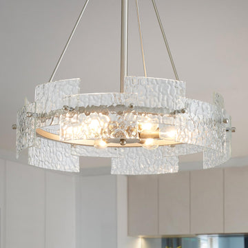 Modern Farmhouse Chandelier 6-Light Silver Glass Drum Chandeliers 19.7" Height Adjustable Water Ripple Rustic Pendant