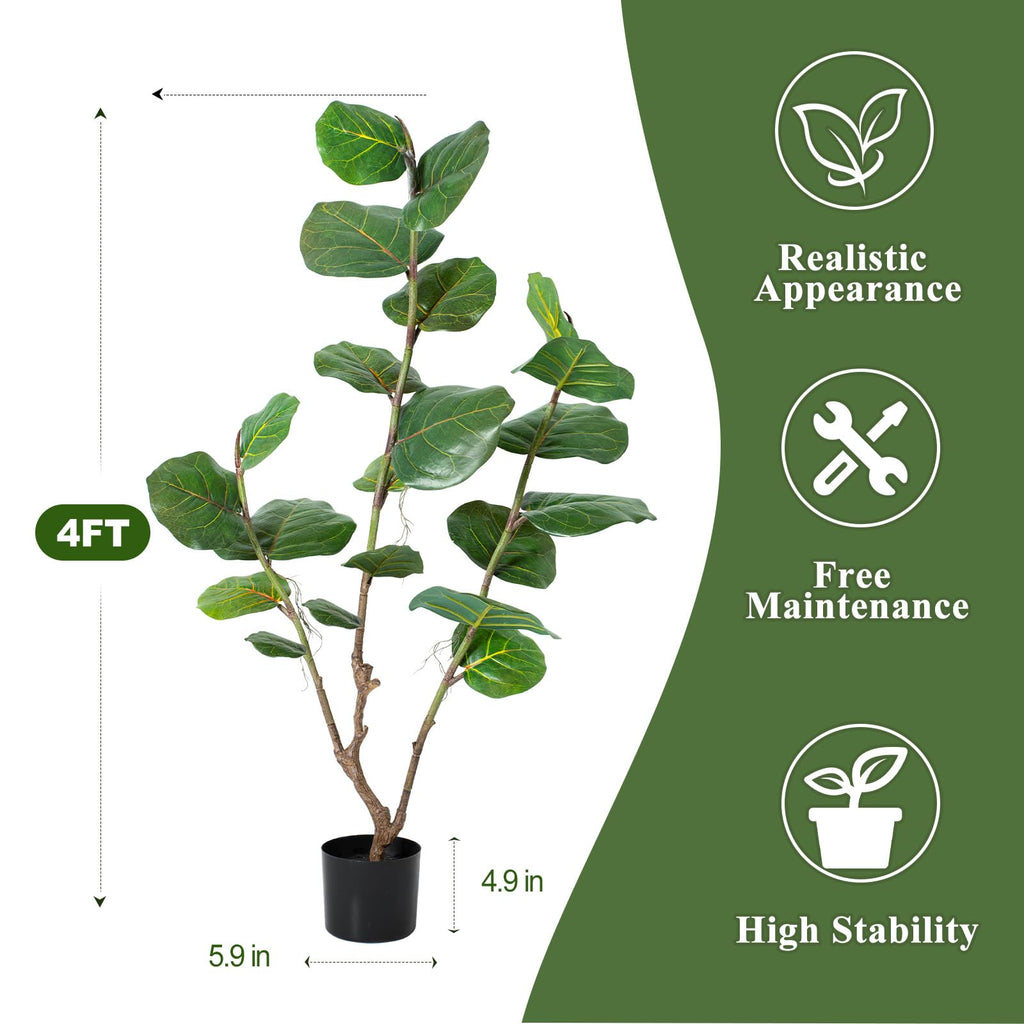 Faux Fiddle Leaf Fig Tree, 4 Ft Artificial Ficus Audrey Plant with Realist Aerial Roots, Fake Plants Indoor with Pot