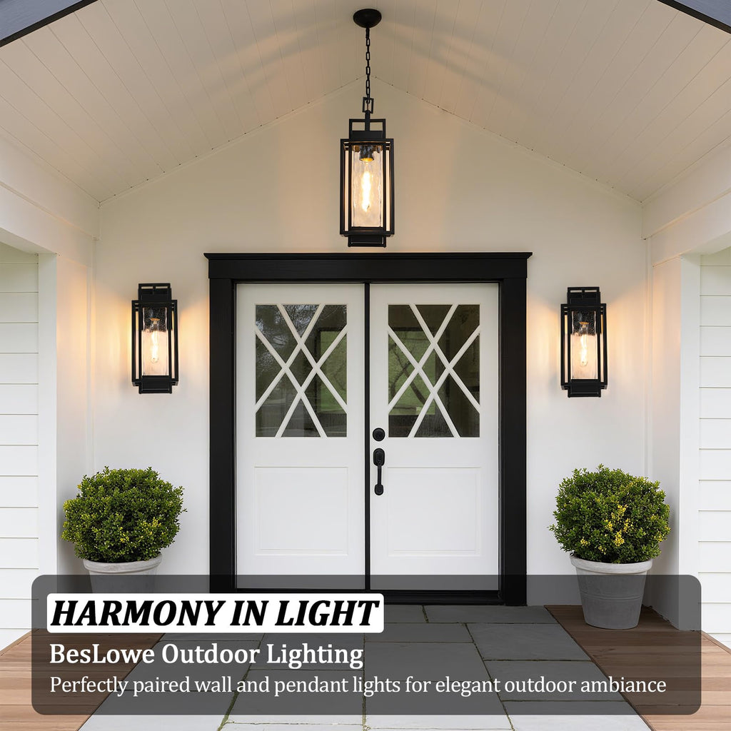 15" Outdoor Pendant Light, Modern Hanging Lantern with LED Bulb
