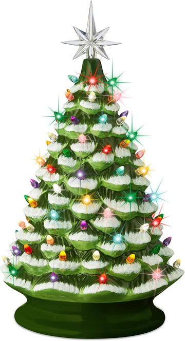 18in Large Ceramic Christmas Tree, Pre-lit Hand-Painted Tabletop Frosted Holiday Decoration w/Power Cord, 2 Star, 93