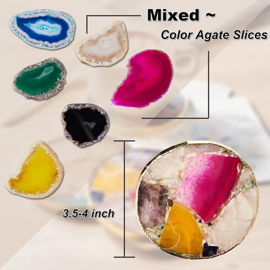 Rainbow Agate Coasters, Natural Crystal Coaster for Drinks, Geode Gemstone with Gold Edge, Agate Slice Stone - Set of 4