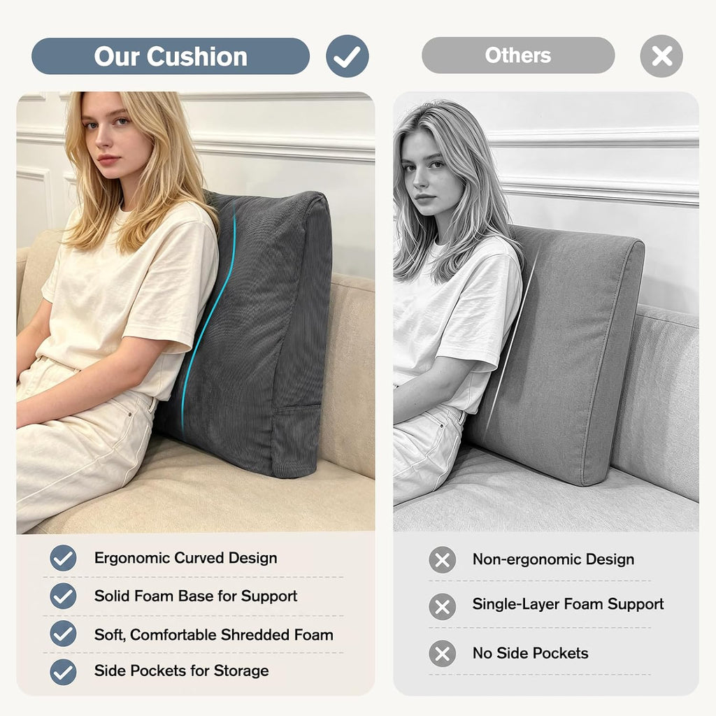 Couch Back Cushion, Shredded Foam Lumbar Support Pillow with Side Pocket | Triangle Ergonomic Back Pillow with
