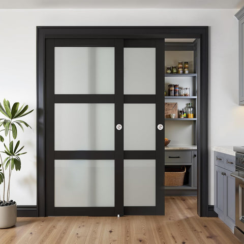 Sliding Closet Door for 72" x 80" Opening, 3-Lite Frosted Glass MDF Barn Door with Hardware Kit Set,