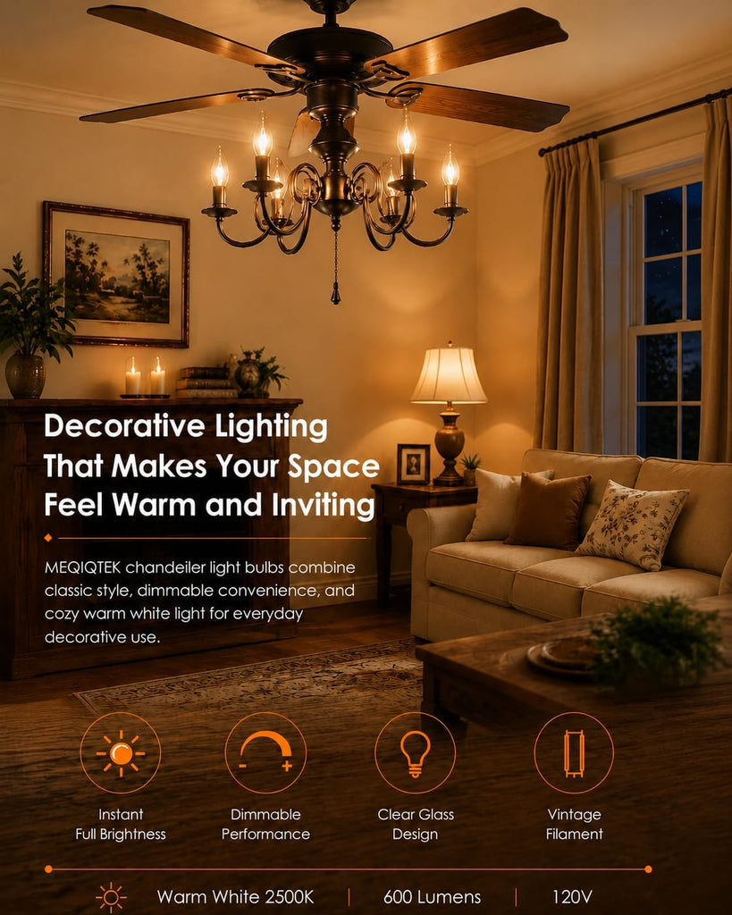 E12 60 Watt Incandescent Candle Light Bulbs, Chandelier Light Bulbs for Ceiling Fan, Vanity, Outdoor - Warm White