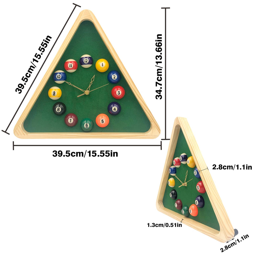 Inspired Nelson Style Billiards Pool Ball Clock - 14Inch Triangle Pool Table Cool Wall Clock with Solid Wood Frame, Great for Billiards