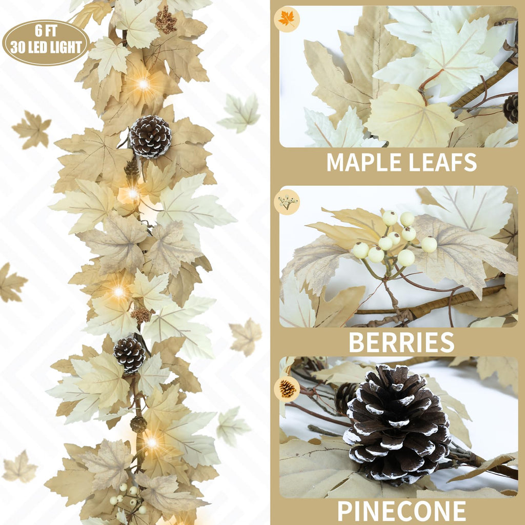 6 FT Fall Garland with Lights & Timer with Berries Pine Cones