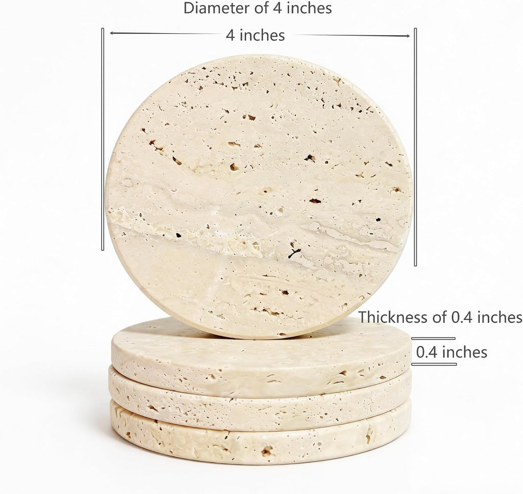 Natural Travertine Marble Coasters 4-Piece Set, Round Coasters, 4 Inches Coffee Table Stone Coasters, Suitable - Set of 4