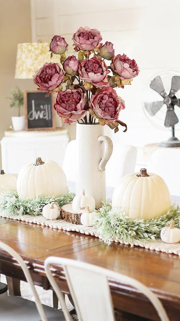 Artificial Dried Look Fall Peony Flowers 27.5in Tall Dusty Pink Vintage Silk Peony Bouquet Realistic Fake - Set of 3