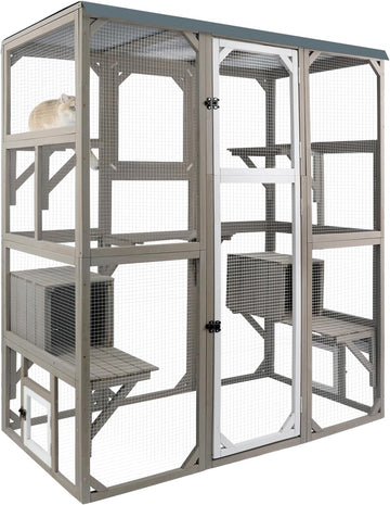 Outdoor Cat Catio Enclosures Large Wooden Cat House Patio for Indoor Cats Feral Cat Shelter with 2 Espace Doors, 2