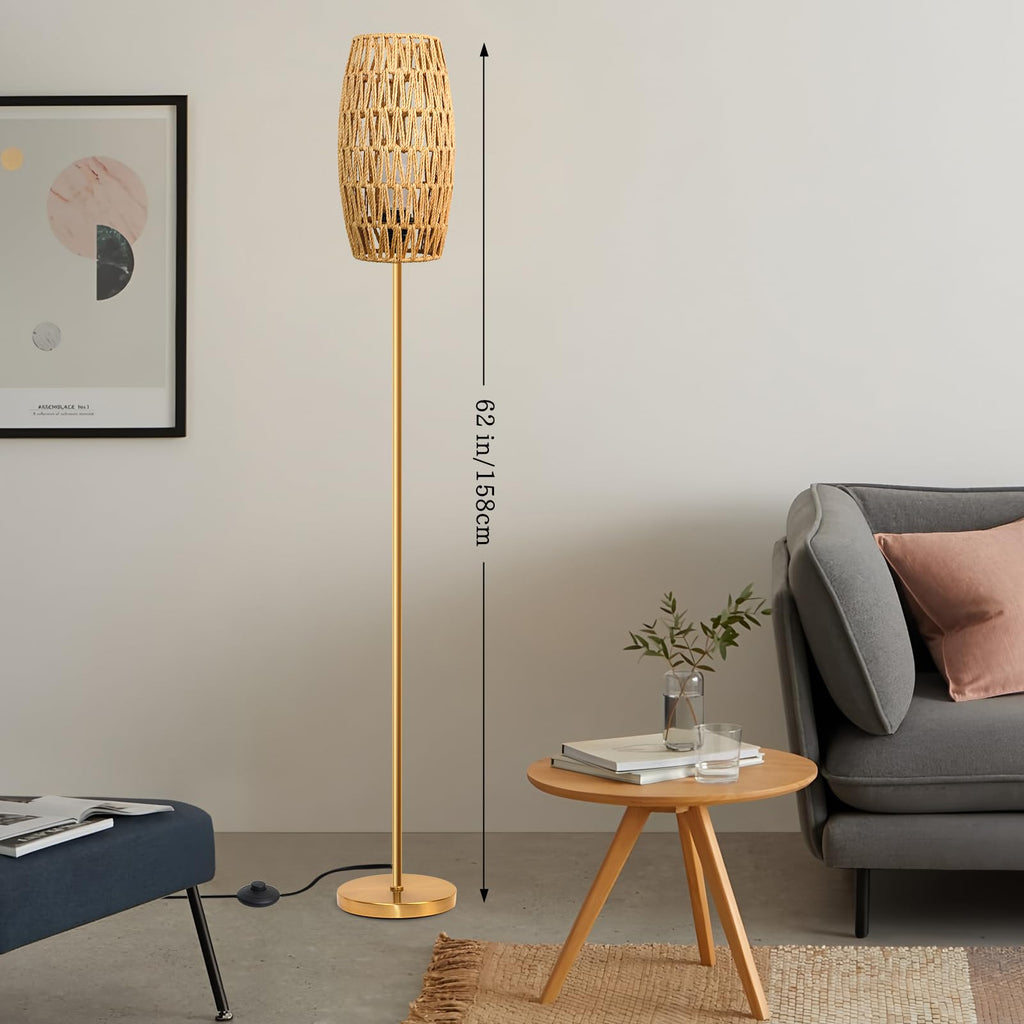 Floor Lamp,Farmhouse Floor lamp,Modern Standing lamp with Hand-Worked Rattan Shade (Drum Rattan Shade Body Gold
