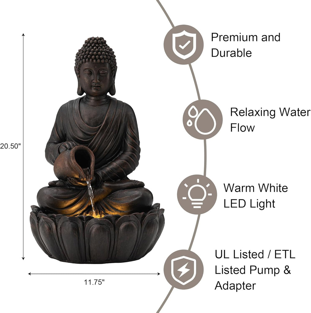 Buddha Fountain Outdoor 2 Tier Zen Style Buddha Water Fountains with Pump & LED Light, Buddha Fountains