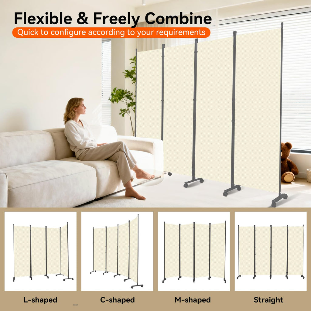 88" W 4 Panel Room Divider, Portable Privacy Screen W/Wheels Freestanding