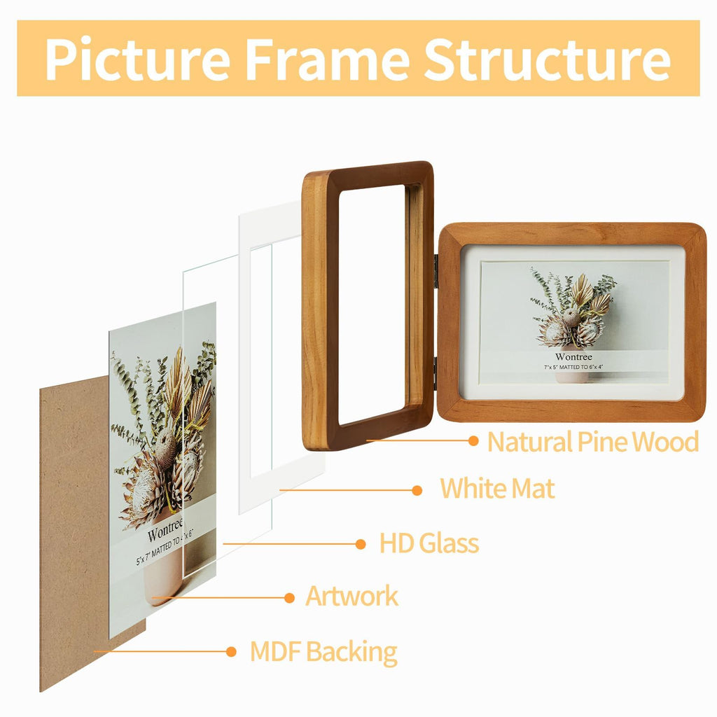 5x7 Double Vertical Horizontal Hinged Foldable Combo Rounded Corner Picture Frame, Walnut-Colored Pine Wood with Real