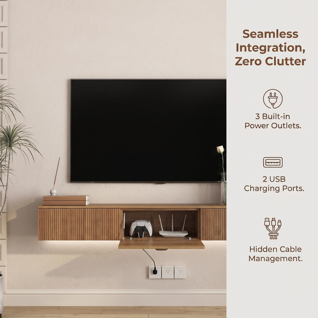 65" Floating TV Stand Wall Mounted, 16-Color LED 4 Modes Modern Fluted TV Console with 3 Flip-Down Cabinets