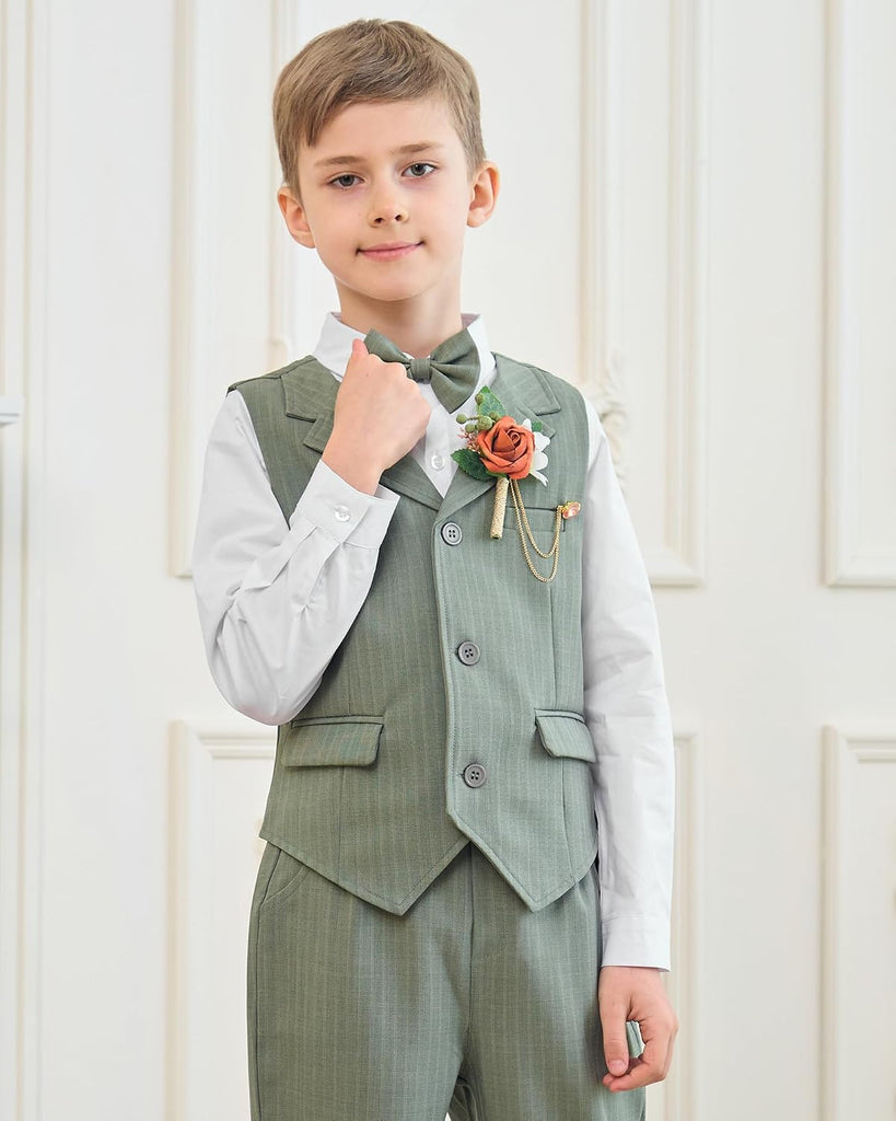 Boys Dress Clothes Piece Formal Suit Set, Vest, Pants, Dress Shirt, Bowtie and Boutonniere Kids Wedding Outfit