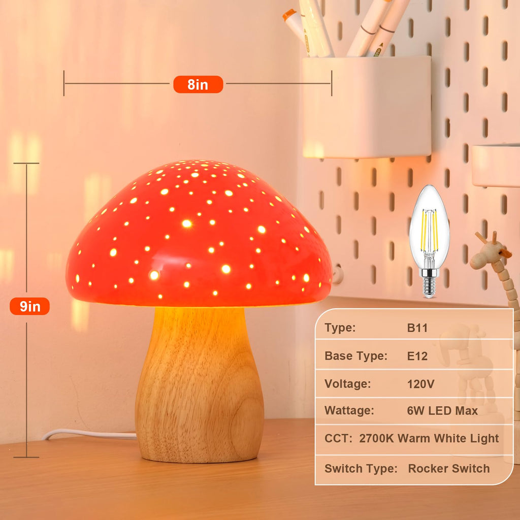 Mushroom Lamp Ceramic Bedside Table Lamp, Red