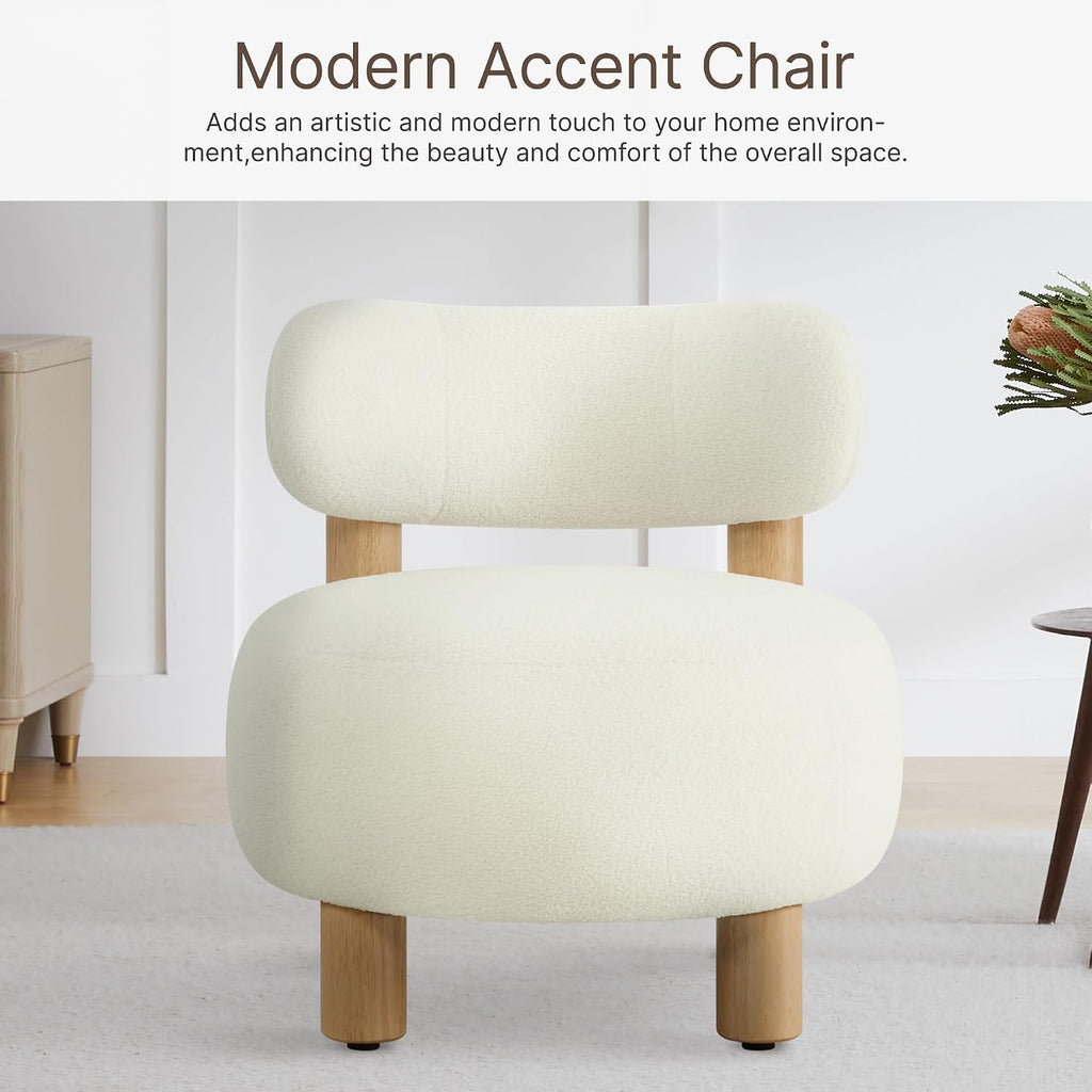 Modern Boucle Accent Chair, with Plush Faux Sherpa Upholstery, Curved Backrest, Solid Wood Legs Bedroom Reading Nook