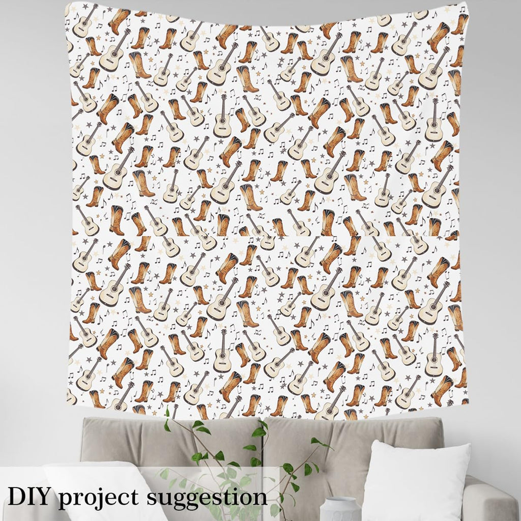 Hippie Guitar Music Note Fabric by The Yard, Western Rustic Cowboy Boots Quilt Upholstery Fabric, Cute Star Print DIY