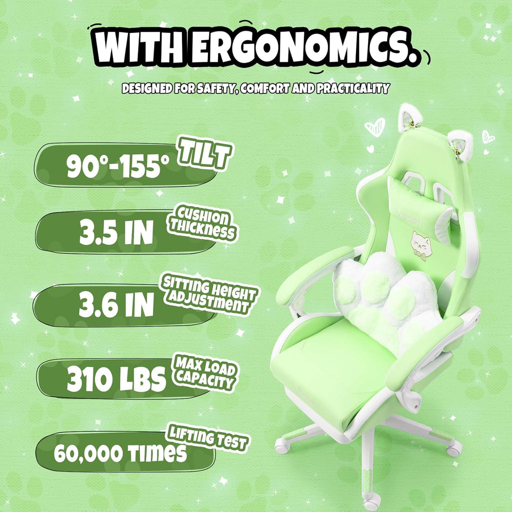 Cute Cat Ears Gaming Chair for Women Girls - Ergonomic PU Leather Office Chair with Footrest cat paw Pillow, 360°