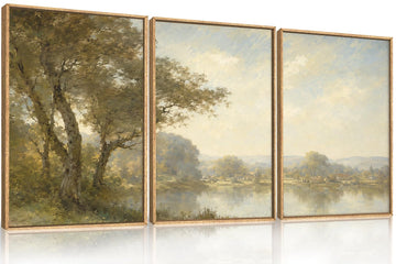 Large Vintage Green Riverside Scenery Framed Canvas Wall Art Set, Rustic Lake Trees Landscape Wall Decor, Classic