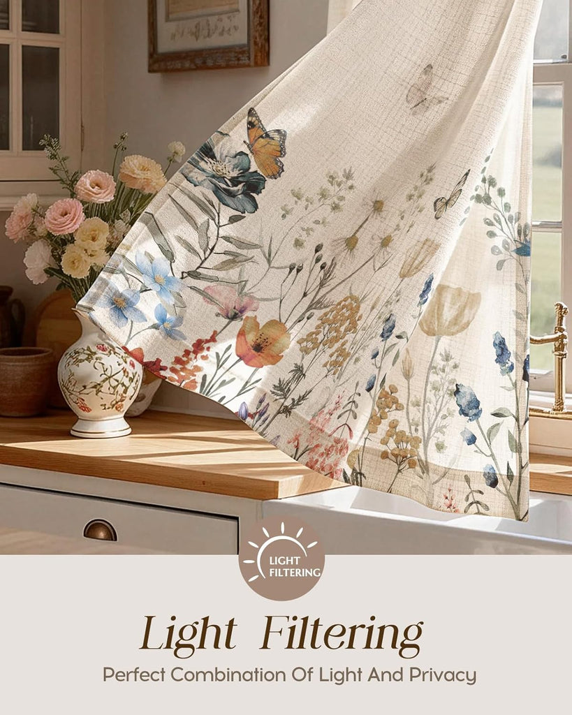 Floral Kitchen Tier Curtains - 24 Inch Length Linen Blend Farmhouse Cafe Curtains Vintage Small Window Treatments