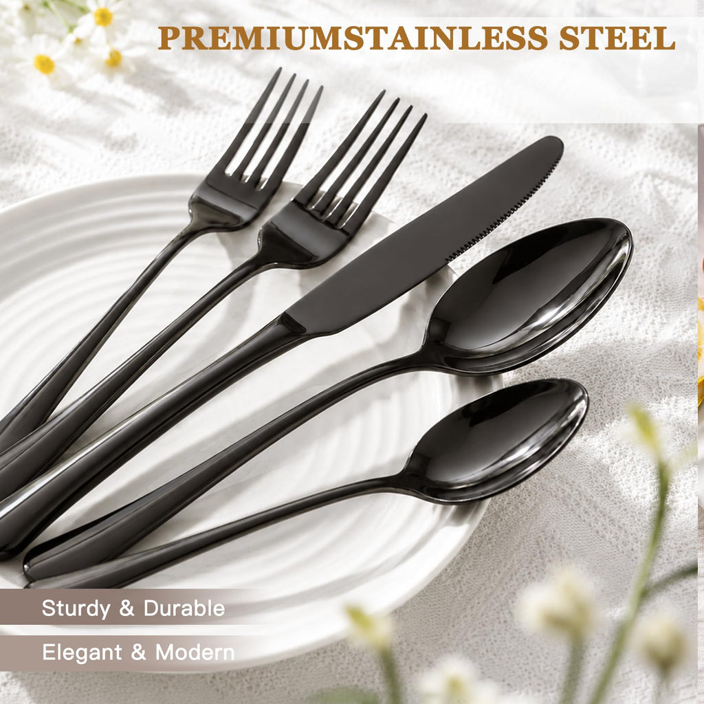 Black Silverware Set with Steak Knives Flatware Set for 4 Food-Grade Stainless Steel Cutlery Set Mirror