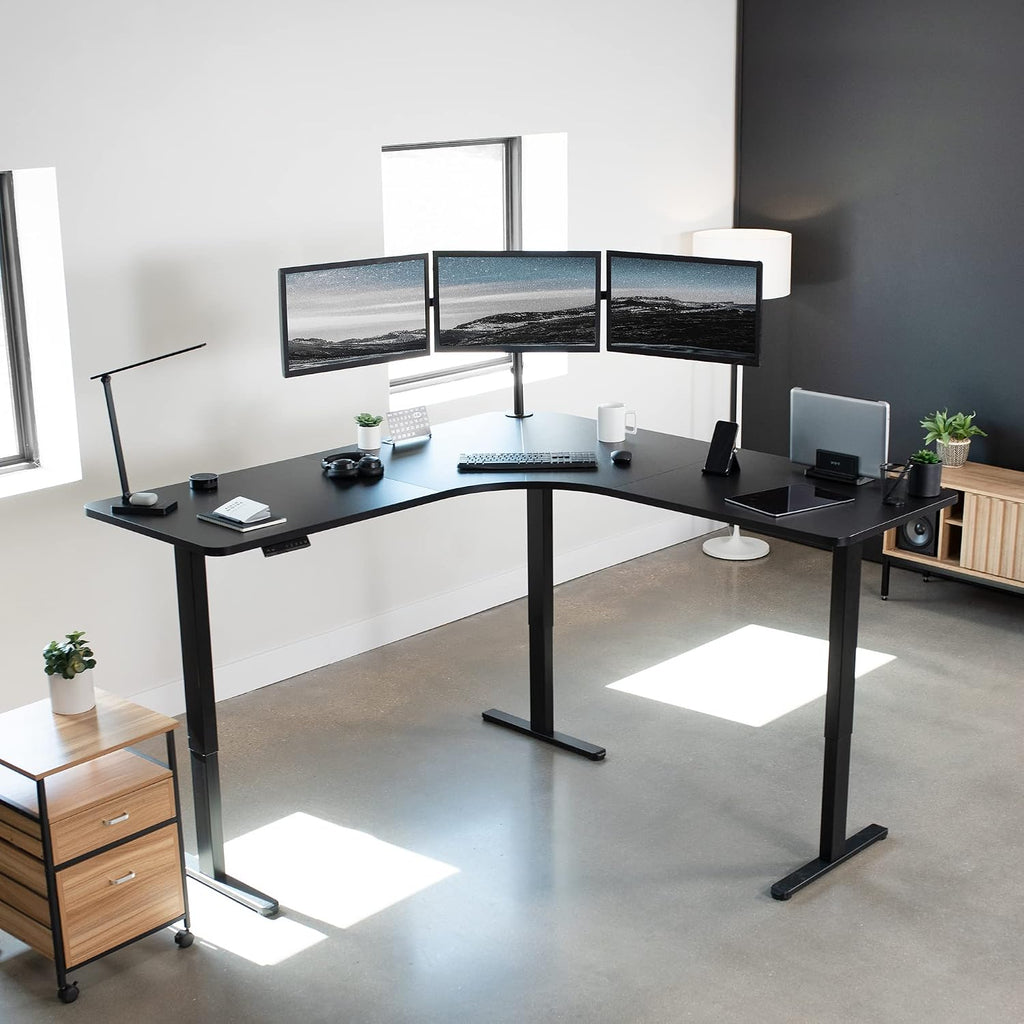 Black 71 x 71 in Corner Standing Desk, DESK-KIT-E3CB2 | Electric, Triple Motor, Holds 264 lbs, Sit Stand L-Shaped