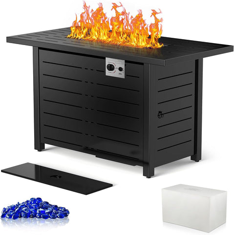 Fire Pit Propane Gas FirePit Table 43" Outdoor Fire Pit Rectangular Tabletop with Lid, Rain Cover, for Outside Garden Backyard Deck Patio