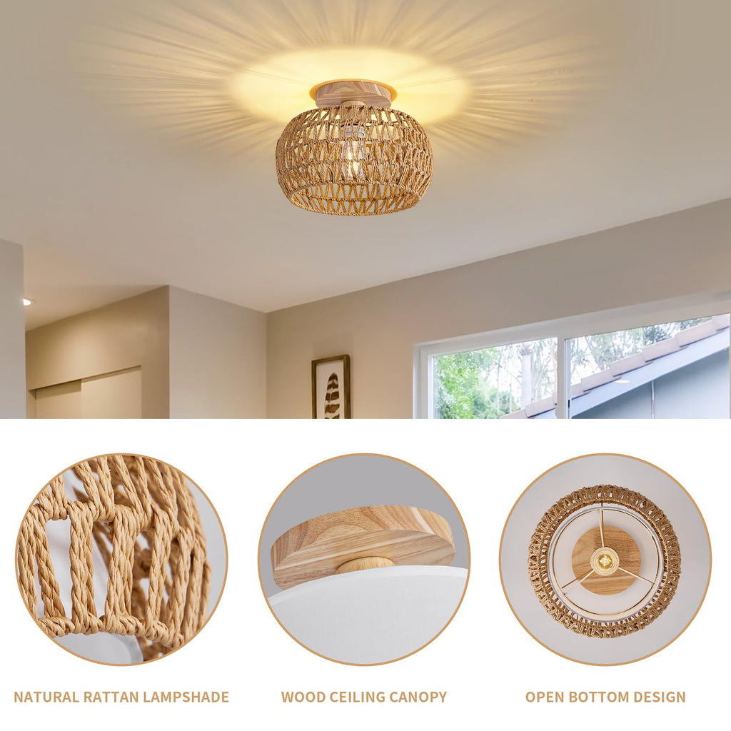 Rattan Boho Flush Mount Ceiling Light - 12′′ Bohemian Wicker Light Fixtures