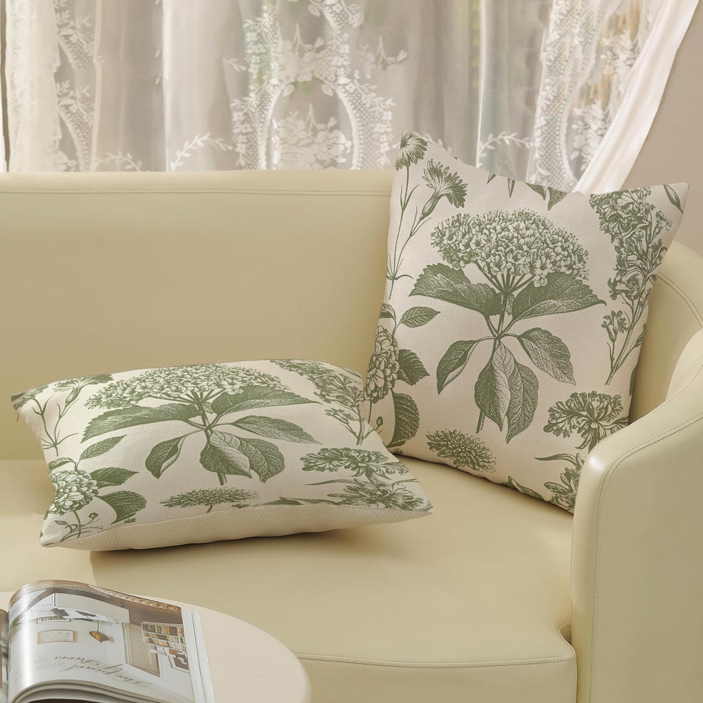 Sage Green Pillow Covers 18x18 Set of 2 Boho Floral Hydrangea Herbs Botanical Throw Pillows Vintage Flower Outdoor