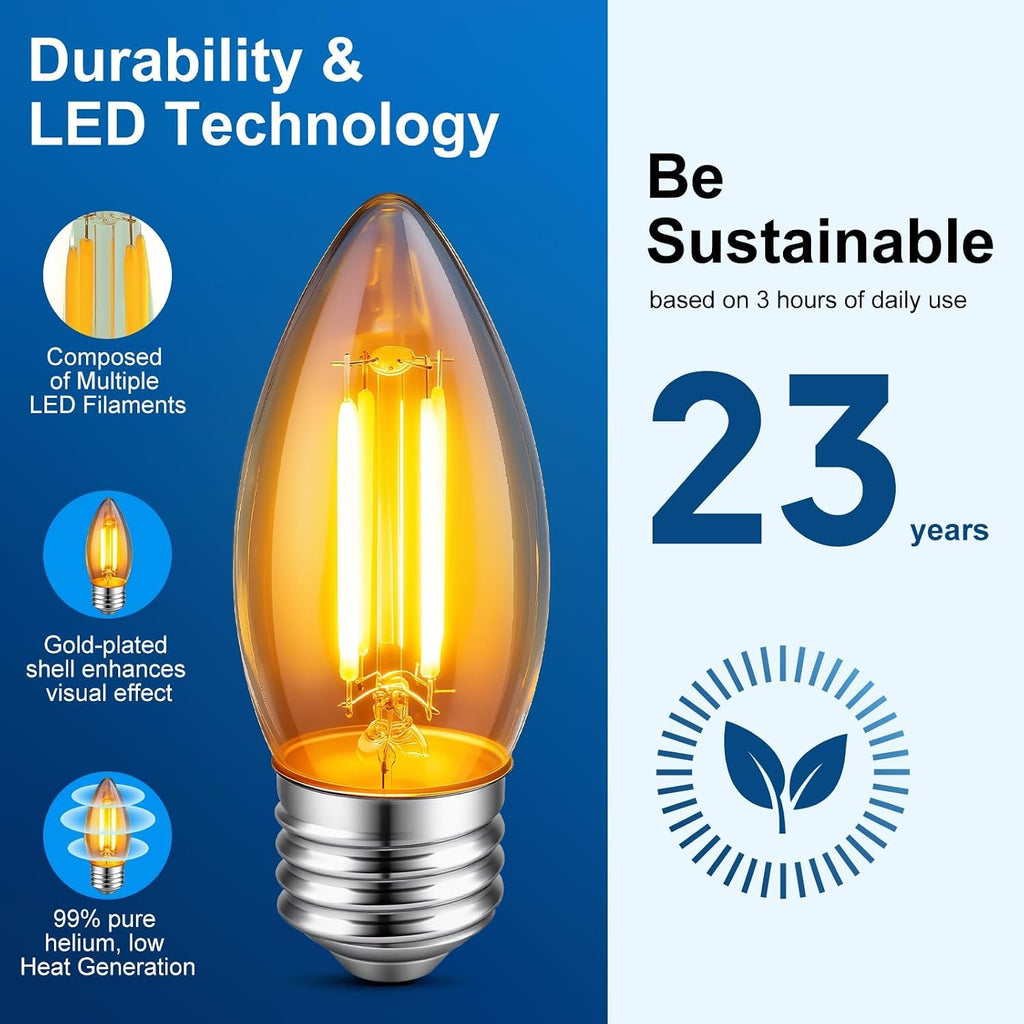 E26 Amber LED Light Bulbs,40 Watt Candelabra Light Bulbs Equivalent,No-Dimmable B11 Candelabra Base LED