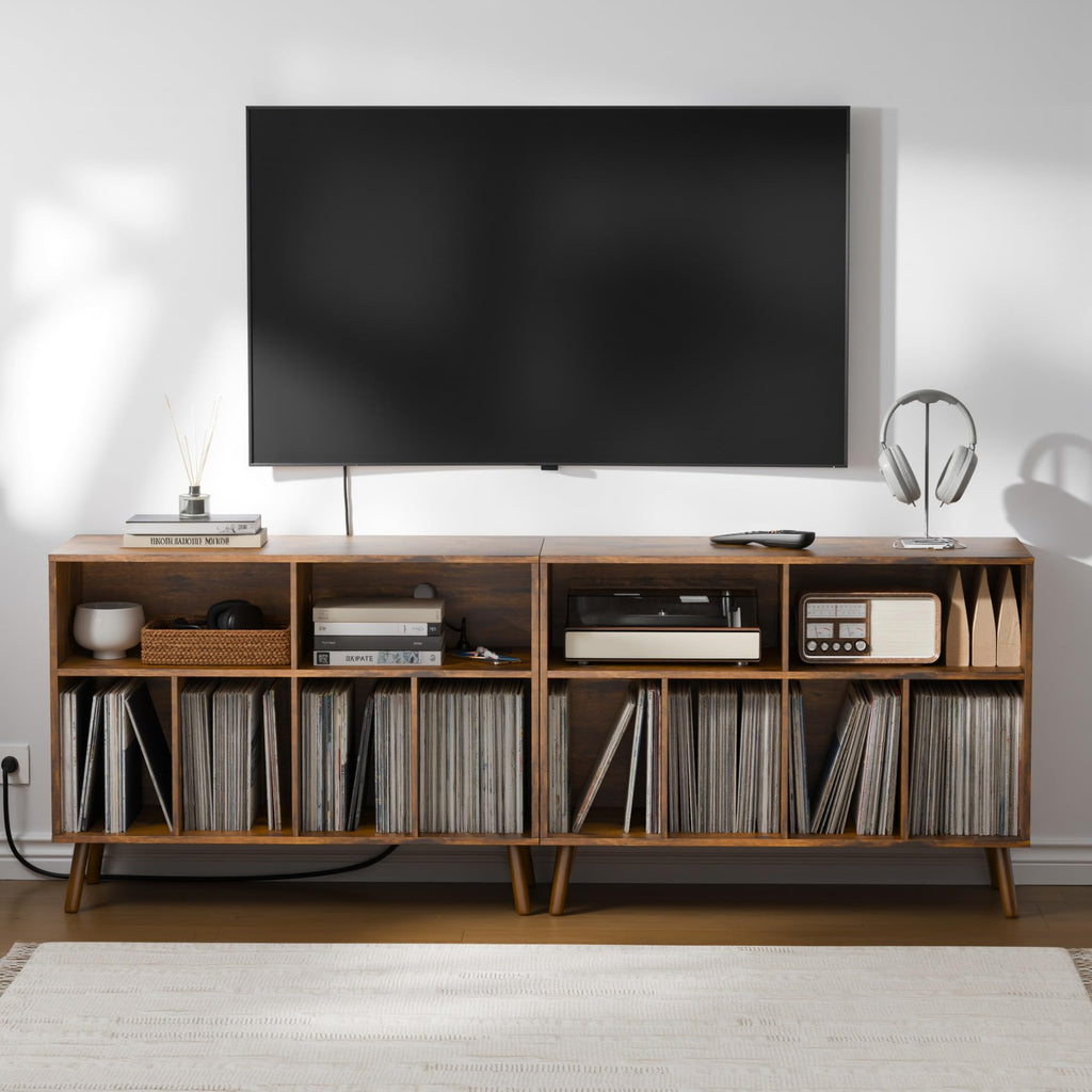 Record Player Stand with Vinyl Storage Cabinet, Wood Turntable Table Open Shelf Holder Up to 350 Albums Cube Storage