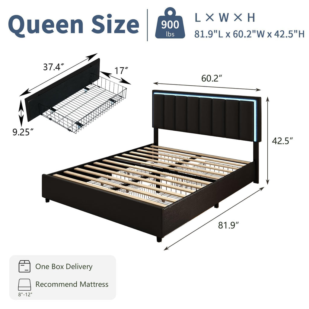 Queen Size Bed Frame with Headboard and 4 Storage Drawers, Faux Leather Upholstered Platform Bed with LED Lights