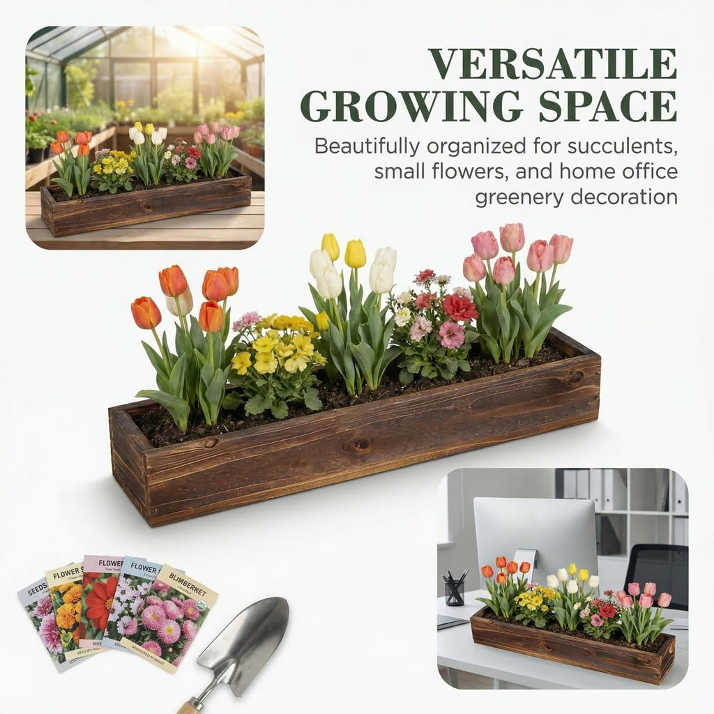 Rustic Wooden Rectangle Planter Box: Rectangular Succulents Plant Container Wood Window Box for Farmhouse Home