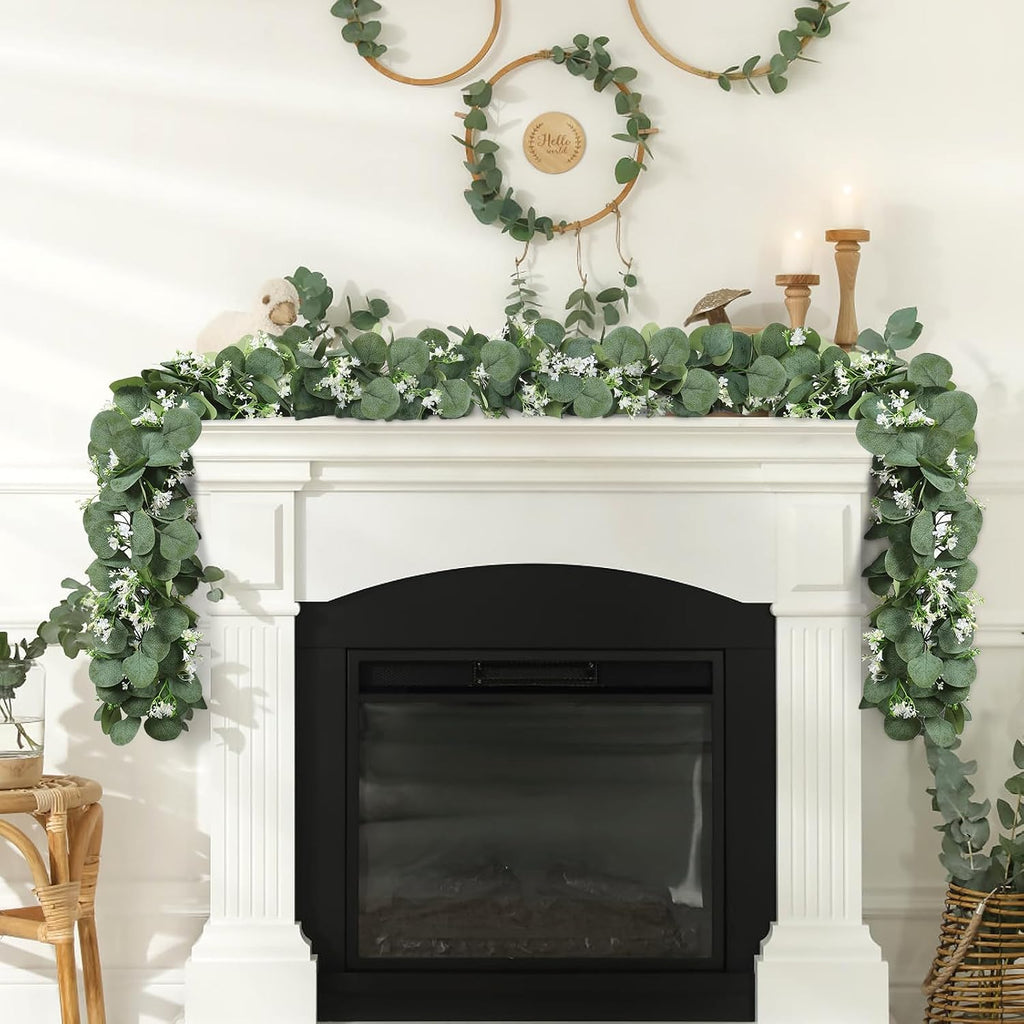 Eucalyptus Garland with White Flowers 4 Packs 5.9Ft Artificial Plants Vines - Set of 236