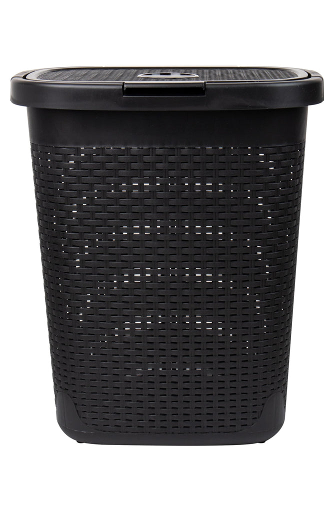 Slim Laundry Hamper with Lid, 50L Clothes Basket, Premium Wicker Design, Plastic, Black