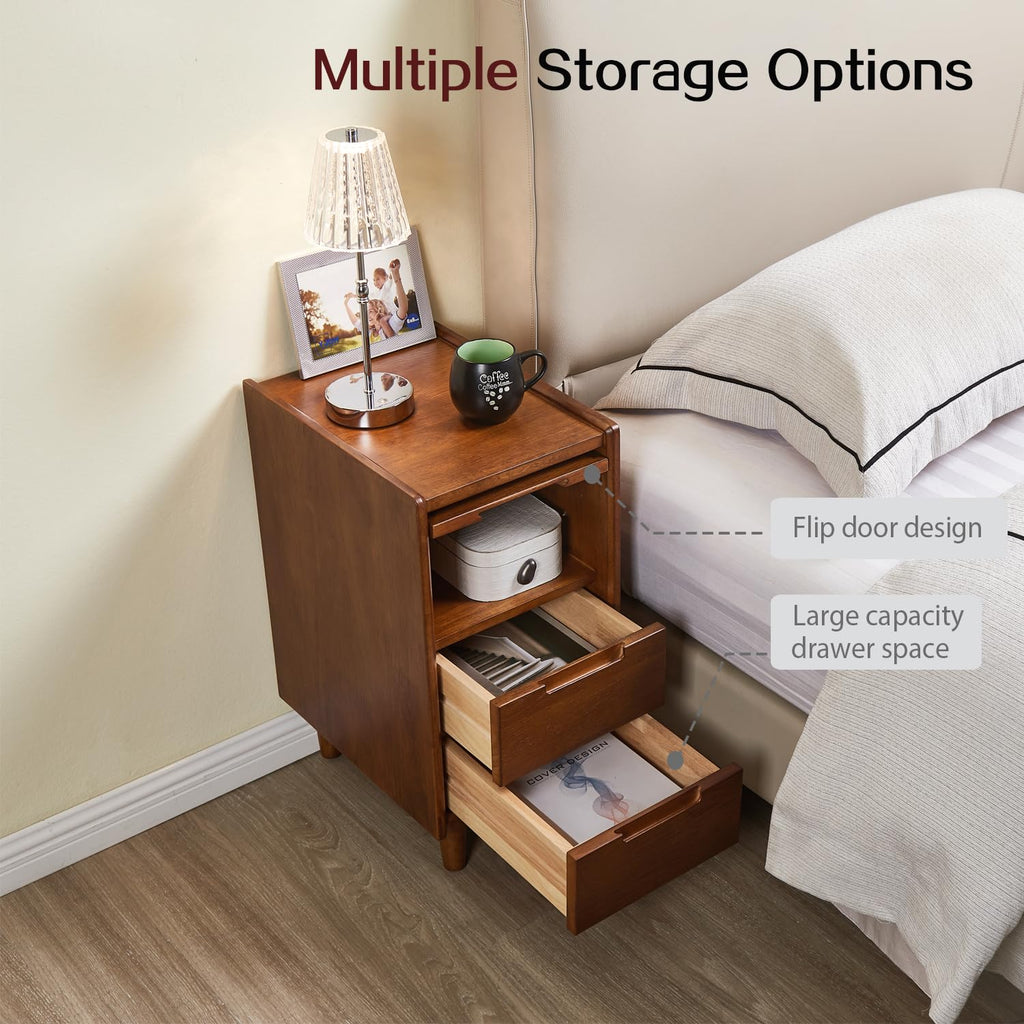 Solid wood Nightstand, Glass Door Storage Cabinet with 2 Drawers Walnut
