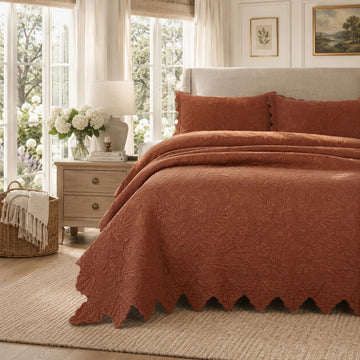 Queen Size Quilt Set Cotton Burnt Orange Vintage Farmhouse Luxury Matelasse Coverlet Set Scalloped Quilts 3-Piece
