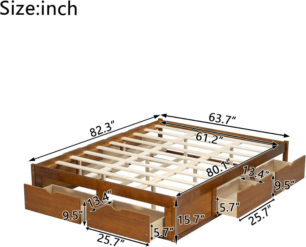 Japanese Queen Size Wooden Floor Bed Frame with 6 Storage Drawers