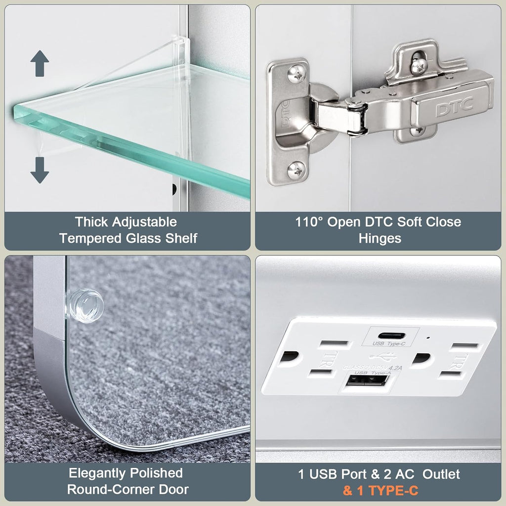 24x32 Medicine Cabinet with Lights (Left-Hinged), AL Alloy Frame, 2 Outlets +1 USB +1 Type-C, Recessed or Surface