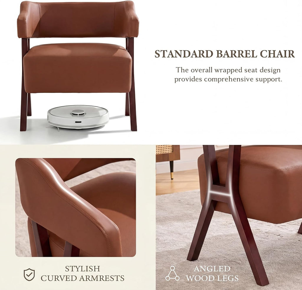 Faux Leather Barrel Accent Chair with Solid Wood Frame (Brown,1)