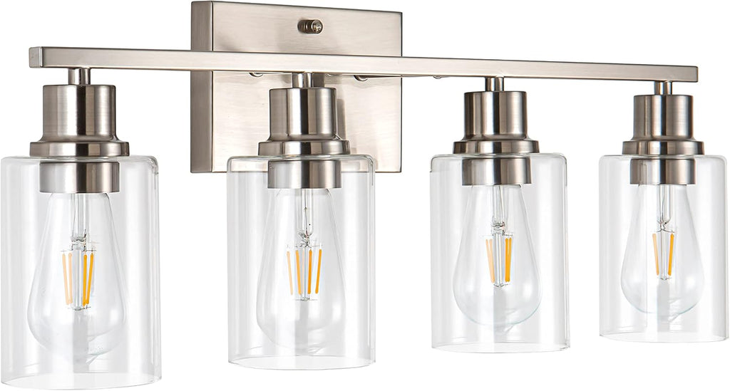 4-Light Bathroom Light Fixtures, Brushed Nickel Vanity Light with Clear Glass Shade, Modern Wall Sconce for Mirror