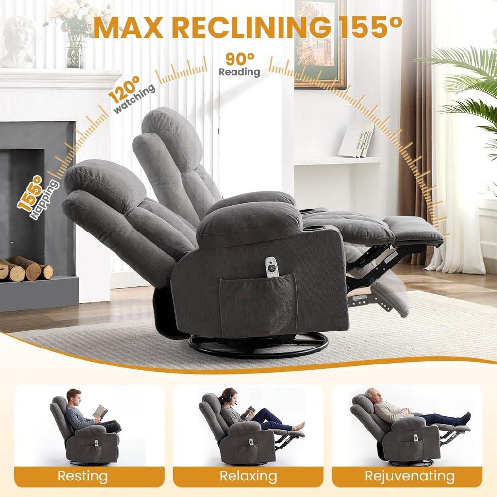 Swivel Rocker Recliner Chair with Vibration Massage and Lumbar Heating Ergonomic Lounge Chair with Rocking Function