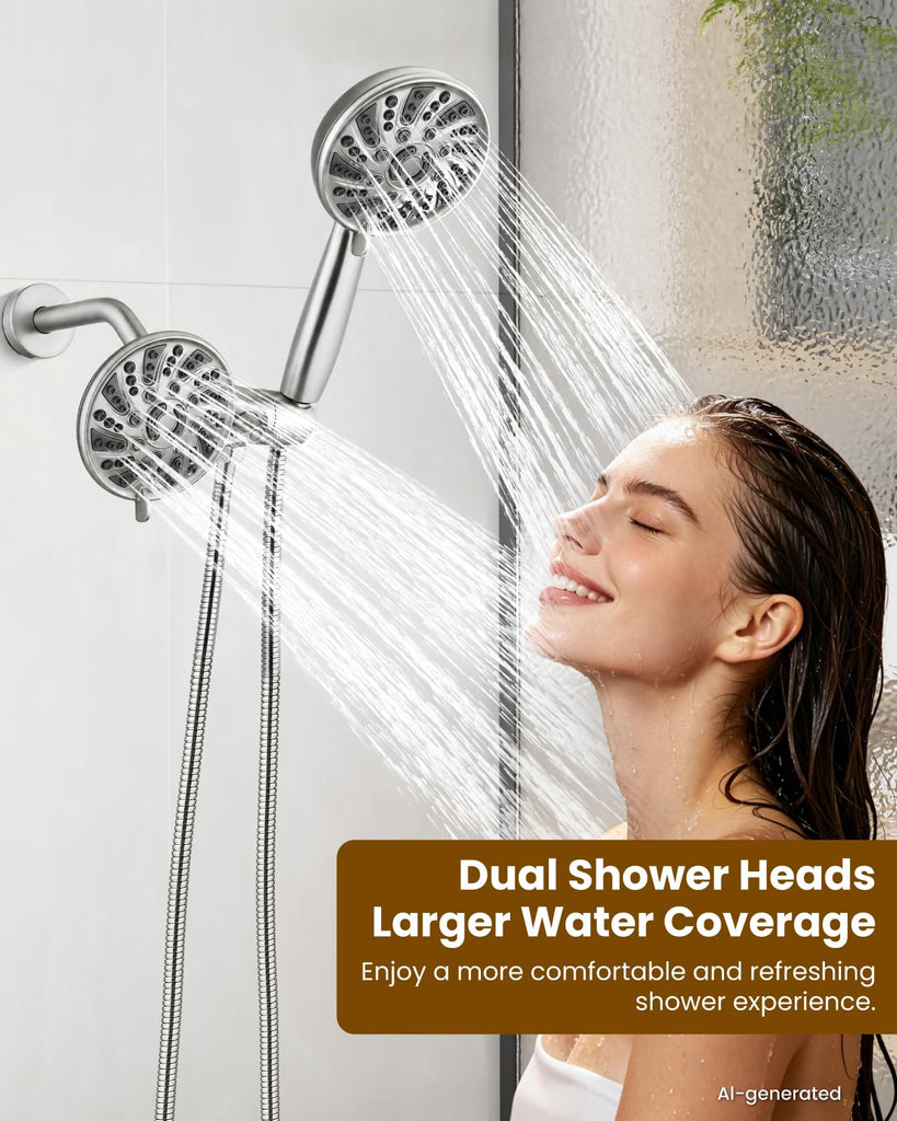 Dual Shower Head Kit with Valve 6 Mode Handheld Brushed Nickel