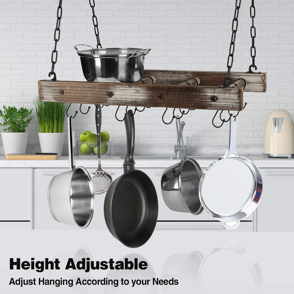 Hanging Pot Rack Pan Ceiling Wall Mounted Hanger Multi- Purpose Rustic Wood and Metal Cookware Kitchen Storage